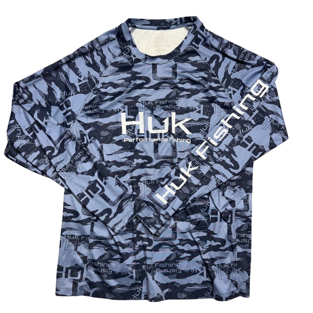 Huk Performance Fishing Shirt Medium Blue Camo Long Sleeve Mesh RN44273